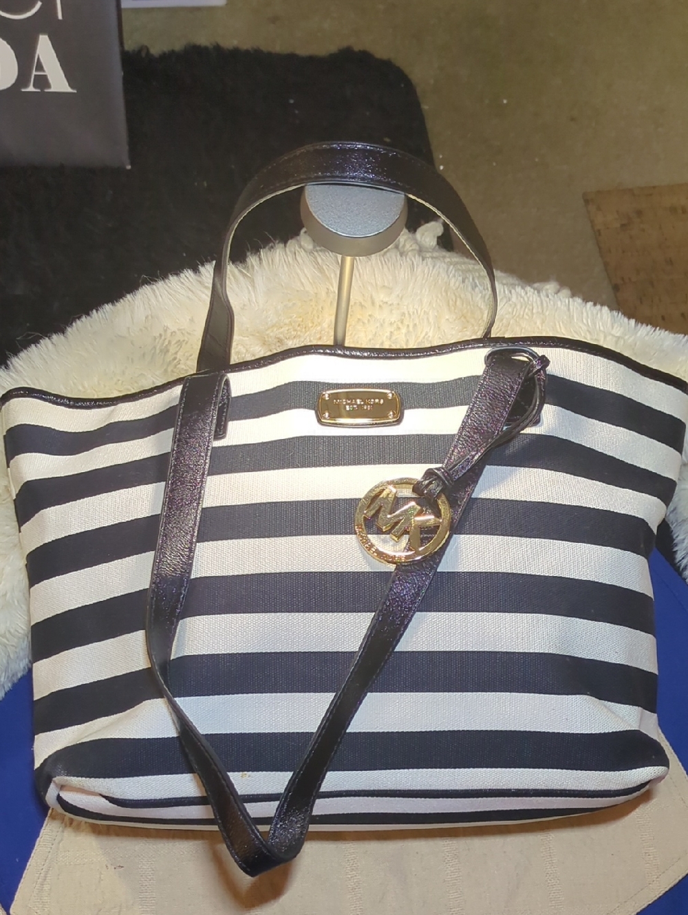 Michael Kors Navy & White Striped Canvas Tote w/Gold Hardware NWOT $80